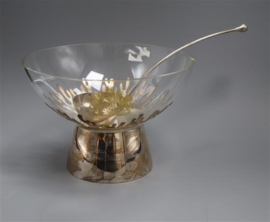 A Mappin and Webb Silver Jubilee commemorative silver mounted glass punch bowl and matching ladle, London, 1977